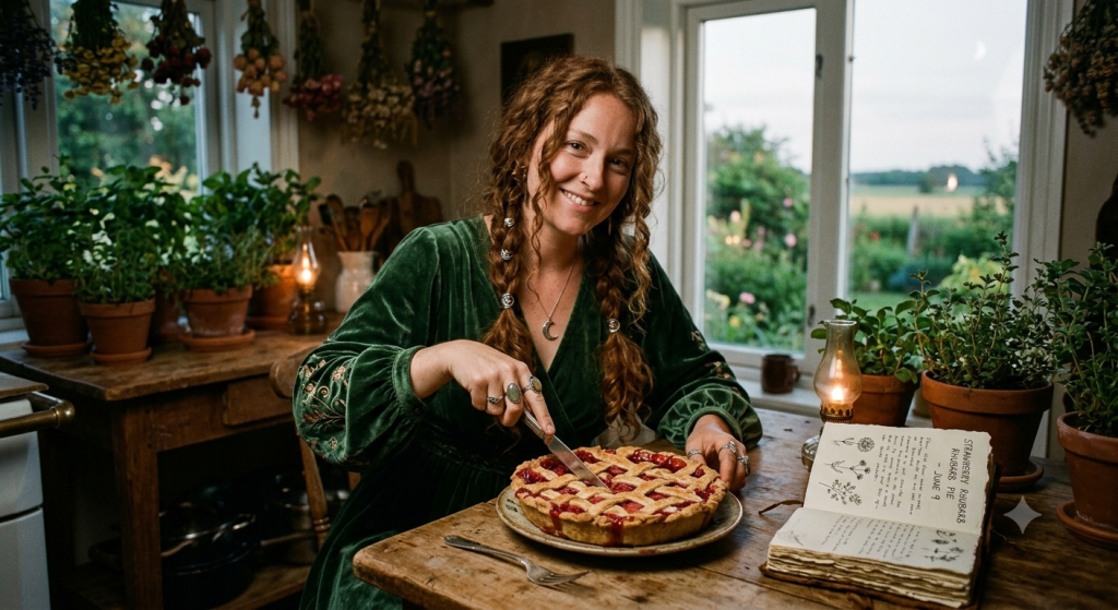 A woman with long curly hair wearing a green velvet dress sits at a rustic wooden table in a sunlit kitchen, slicing a freshly baked strawberry rhubarb pie next to an open, handwritten journal.