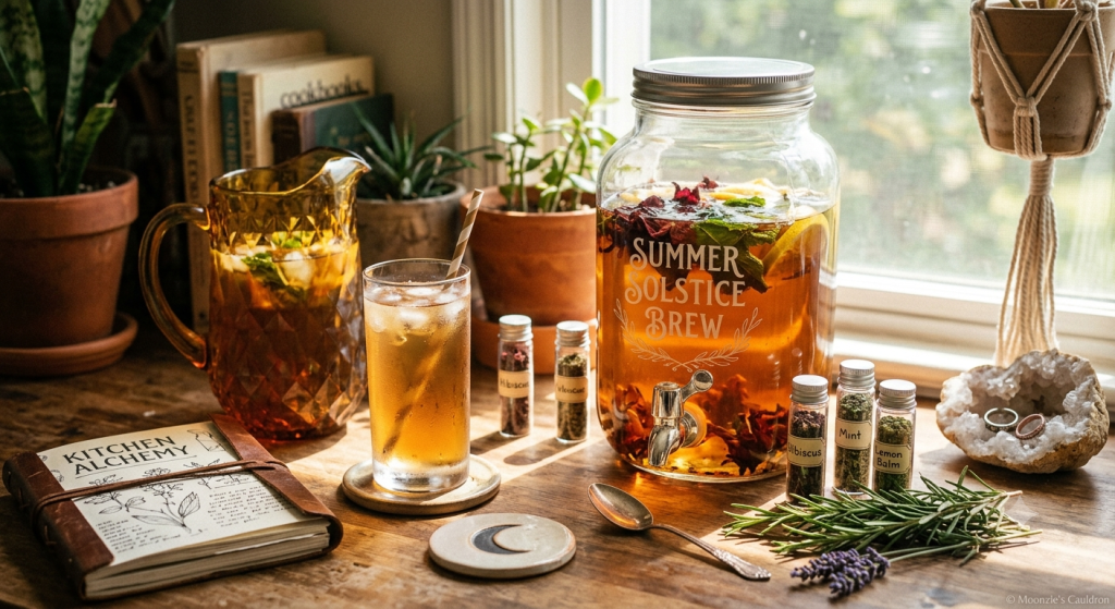 A glass beverage dispenser filled with iced tea and herbs sits on a wooden table next to a glass of tea, small jars of dried herbs like hibiscus, mint, and lemon balm, and a leather-bound book titled "Kitchen Alchemy."