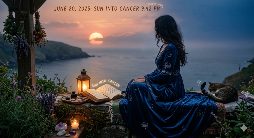 A woman in a velvet dress with moon and crab embroidery sits on a stone wall overlooking the ocean at sunset, with an open book, a lantern, and a cat nearby.