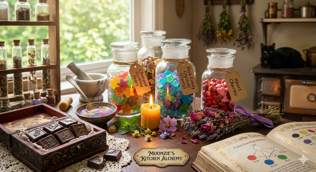 A wooden kitchen table covered with glass jars filled with colorful candy, including star-shaped gummies, blue rock candy, and red heart candies, alongside a lit beeswax candle, an open grimoire, and dried flowers in a sunlit kitchen.