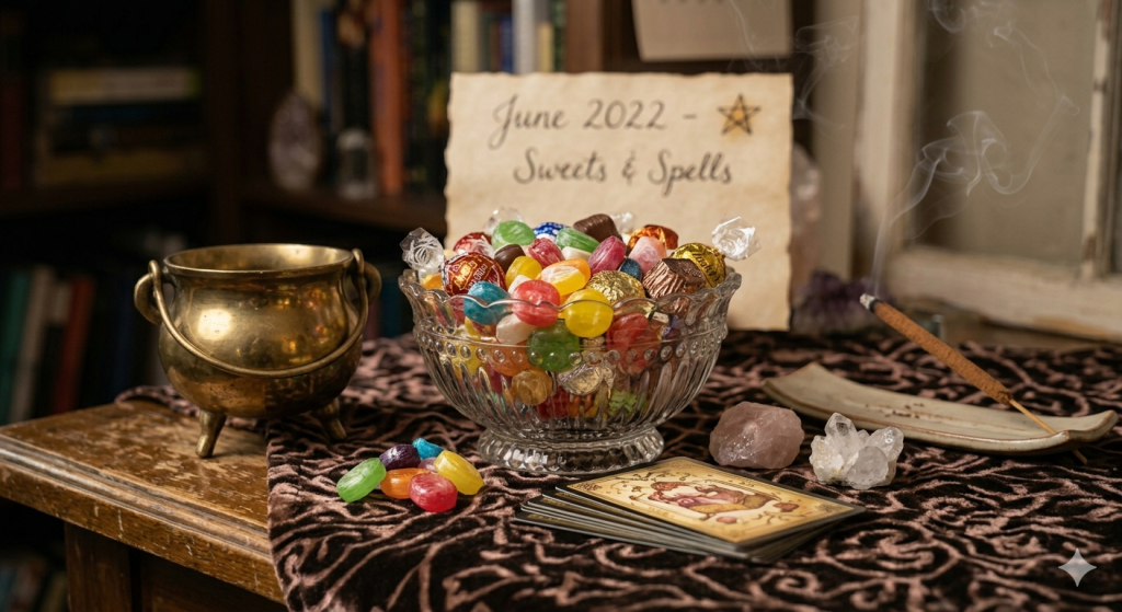 A glass bowl filled with colorful hard candies sits on a dark velvet cloth next to a small brass cauldron, a steaming incense stick, and a stack of tarot cards, with a parchment sign reading "June 2022 - Sweets & Spells" in the background.