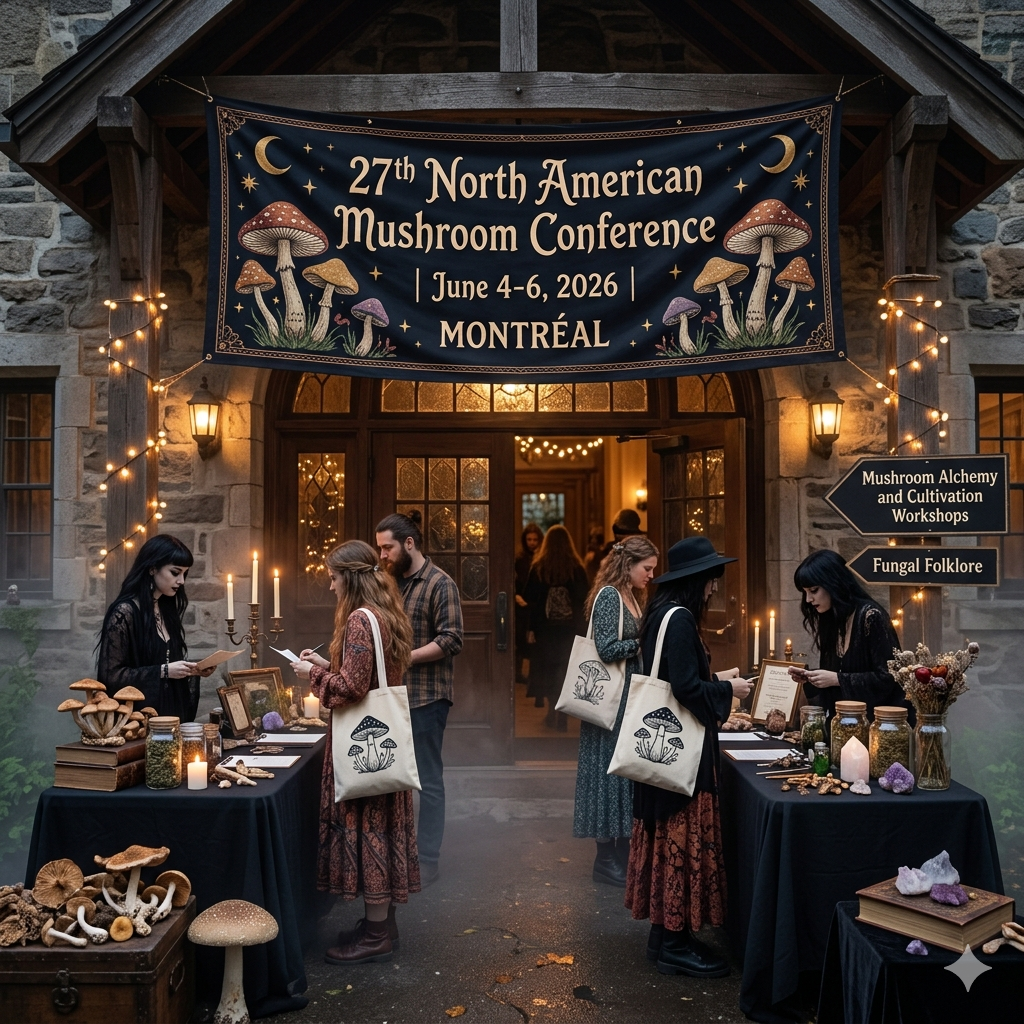 People in mystical, dark-academic attire gathered at the entrance of a stone building, browsing tables filled with various mushrooms, herbs, and crystals under a large banner for the 27th North American Mushroom Conference in Montréal.
