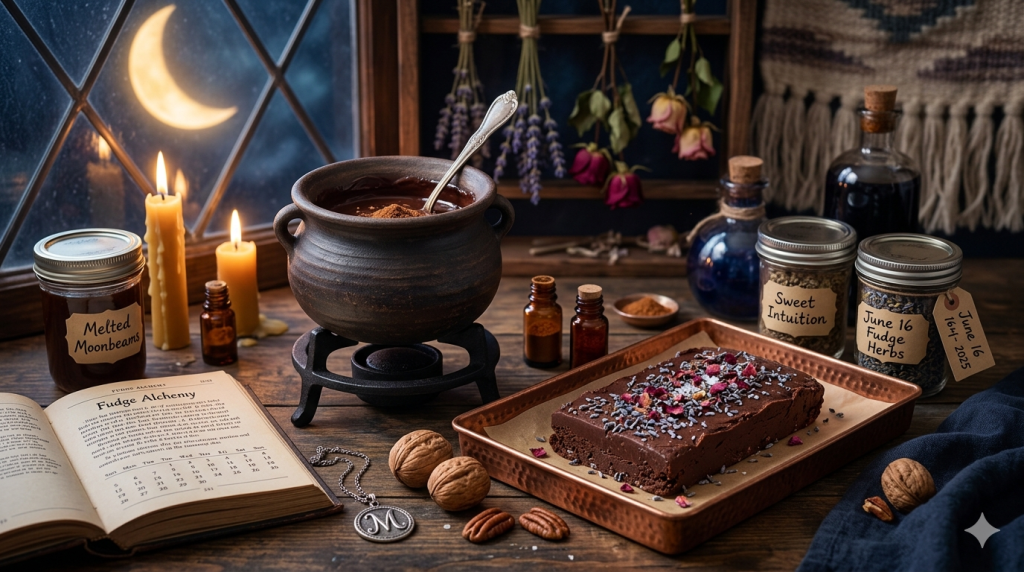A dark, witchy kitchen scene on a wooden table, featuring a small cauldron melting chocolate, a copper tray with finished fudge topped with rose petals, a "Fudge Alchemy" book open to a calendar, candles, and jars labeled "Sweet Intuition" and "June 16 Fudge Herbs" near a window with a crescent moon.