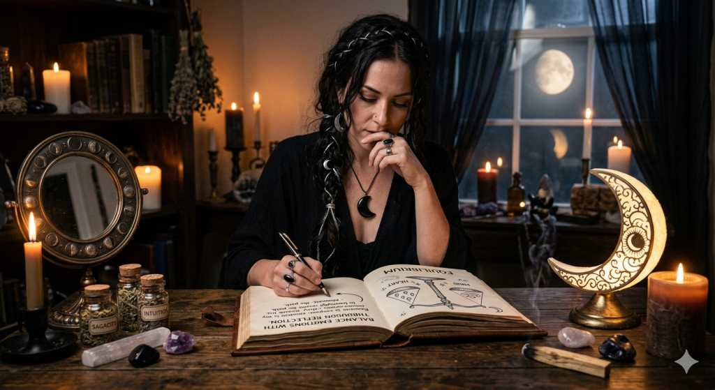 A woman with long, braided hair sits at a wooden desk at night, writing in an open book with a fountain pen. The room is dimly lit by candles, and through the window, a large full moon is visible. On the desk are jars labeled "Sagacity" and "Intuition," a moon-shaped lamp, crystals, and a small mirror decorated with moon phases.