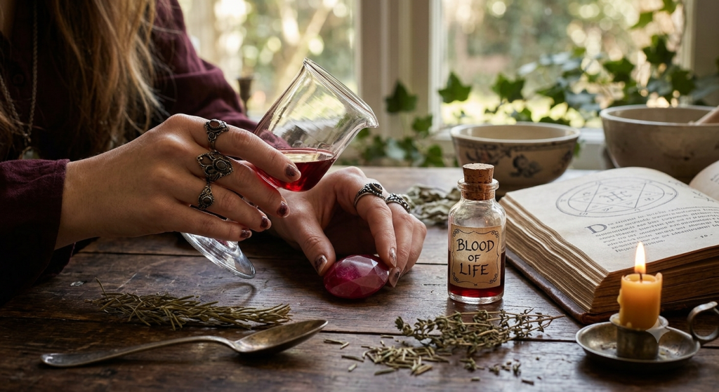 A close-up, witchy-aesthetic shot of a person’s hands at a wooden table, featuring an open spell book, a small glass vial labeled "Blood of Life," a polished red gemstone, and a glass of deep red liquid, all illuminated by a small lit candle and soft window light.