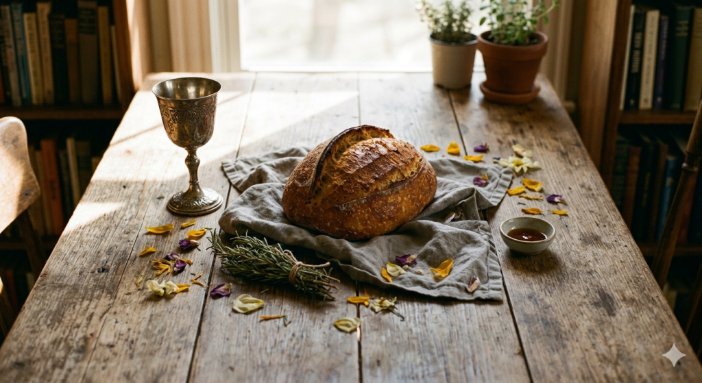 A rustic wooden kitchen table bathed in warm, natural afternoon sunlight. In the center sits a freshly baked loaf of crusty sourdough bread on a linen cloth, surrounded by a small bundle of dried rosemary, a silver chalice, and a scattered handful of seasonal wildflower petals. The overall aesthetic is earthy, golden, and serene.