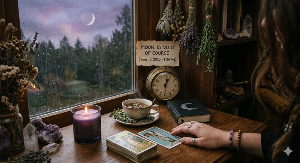 A cozy, witchy desk space by a rain-streaked window during a Void of Course moon, featuring a lit purple candle, a cup of herbal tea, a clock set to 1:26, a tarot card, and dried herbs hanging from a bookshelf.
