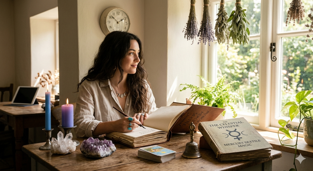 A woman with long wavy hair sits at a sunlit wooden desk near a window, writing in a large, open leather-bound journal with a pen. On the desk, there are two lit candles (one blue, one purple), a cluster of clear quartz, a piece of raw amethyst, a deck of tarot cards, a small brass bell, and a book titled "The Celestial Whisper: Mercury Sextile Magic."