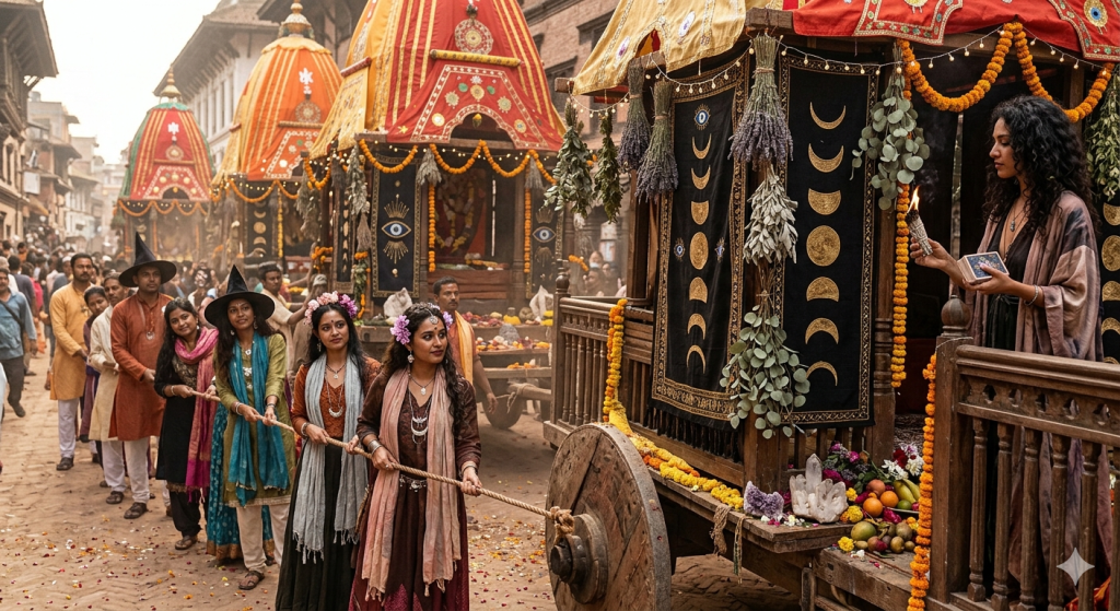 A vibrant Rath Yatra chariot procession scene where diverse practitioners in bohemian attire are pulling a wooden chariot decorated with moon phase banners, hanging dried herbs, and crystals, blending traditional Hindu festival elements with a witchy, mystical aesthetic.