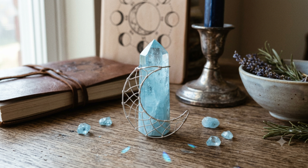 A clear quartz crystal point wrapped in a silver wire crescent moon, sitting on a rustic wooden table alongside a leather-bound journal, a small bowl of lavender, and a moon phase calendar.