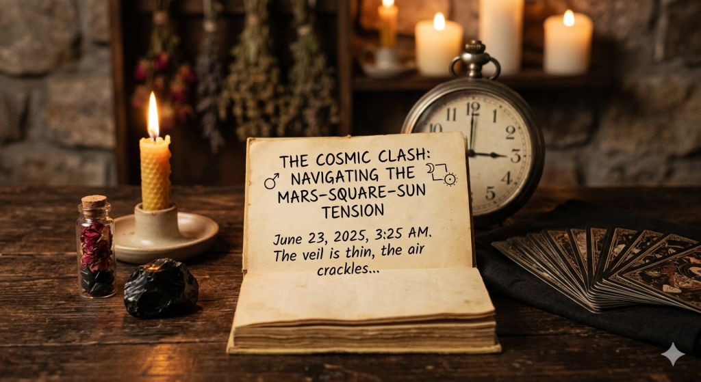 An open antique book resting on a dark wooden table with the text "The Cosmic Clash: Navigating the Mars-Square-Sun Tension" written on its pages. The background features candles, tarot cards, and a vintage pocket watch set to 3:25 AM, creating a mystical, witchy atmosphere.