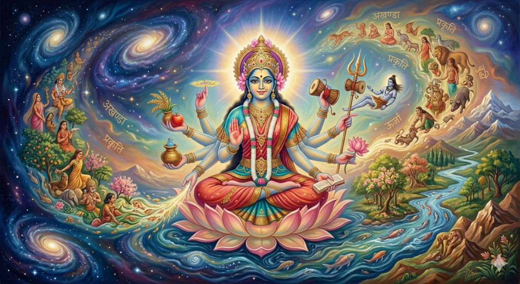 A vibrant, multi-armed Hindu goddess, representing Shakti, sits in a meditative lotus position atop a pink lotus flower at the center of a cosmic and earthly landscape. Swirling galaxies fill the upper left sky, while a flowing river, lush forests, and mountains line the right. Streams of life, animals, humans, and Devnagari script emanate from her multiple hands, while a small figure of Lord Shiva rests in mid-air near her trident.