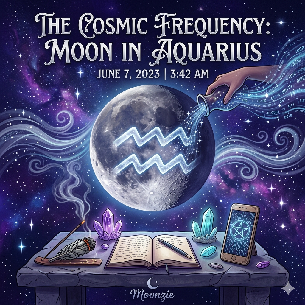 A magical, digital-art illustration set on a stone altar under a cosmic, starry sky; a glowing Moon features the Aquarius zodiac symbol while a hand pours digital binary code from a vessel; the foreground includes a burning incense stick, crystals, an open journal with a pen, and a smartphone displaying a glowing pentagram icon, with the text "The Cosmic Frequency: Moon in Aquarius, June 7, 2023 | 3:42 AM" and the signature "Moonzie" at the bottom.