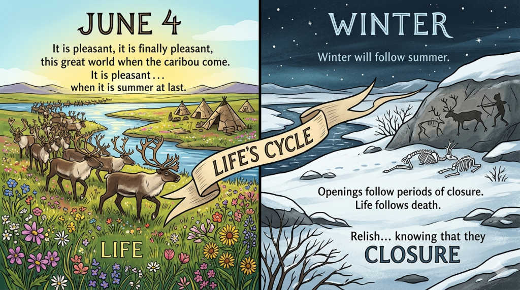 A split-screen illustration depicting the cycle of life. On the left, labeled "June 4" and "LIFE," a lush, vibrant summer landscape filled with colorful wildflowers and a migrating herd of caribou under a bright sky. On the right, labeled "WINTER" and "CLOSURE," a snowy, desolate landscape featuring ancient rock art of caribou and skeletal remains, representing the cyclical nature of life and death.