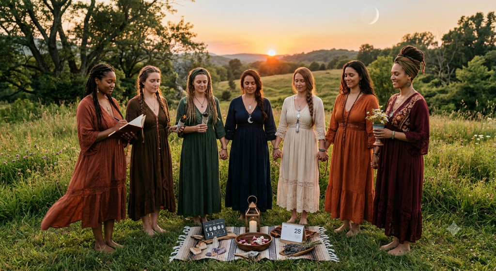 A diverse group of seven women in long, bohemian-style dresses standing in a circle in a lush meadow at sunset, holding hands during a ritual with a small altar of crystals, a candle, and a calendar in the center.