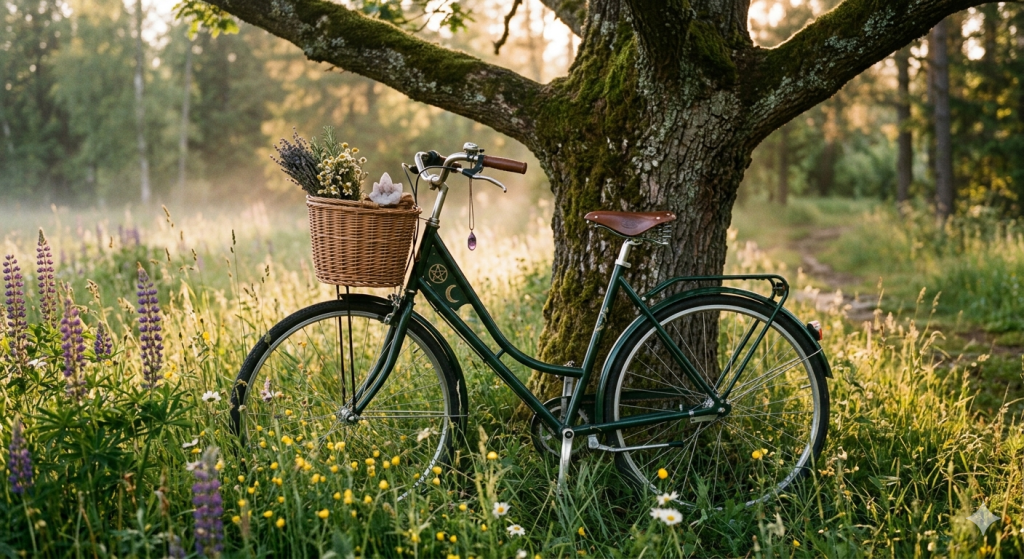 A vintage-style dark green bicycle with a wicker basket filled with fresh herbs and a crystal, leaning against an ancient tree in a sunlit meadow of wildflowers during the golden hour.