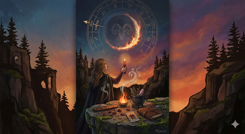 A witch stands on a mossy cliff at twilight, holding a lit candle toward a celestial zodiac wheel in the sky that shows the Moon entering Aries at 6:08 PM. Her altar is set up on the cliff edge with a small cauldron, incense, a tarot card, and a journal.