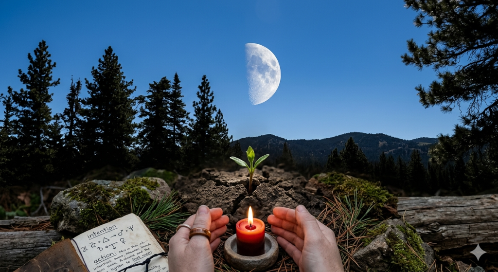 A bright, partially illuminated first quarter moon rising in a crisp blue sky above a silhouette of pine trees, with a small green sprout breaking through cracked soil in the foreground, flanked by hands holding a glowing orange ritual candle and an open grimoire.