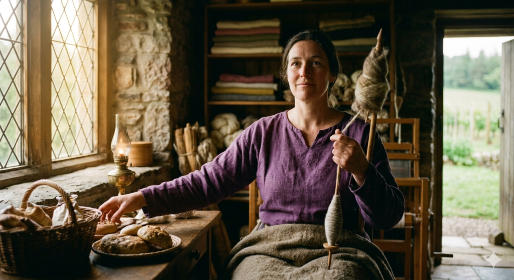 A middle-aged woman in a rustic stone cottage sits by a window, spinning wool with a drop spindle. She wears a simple purple linen tunic. Nearby, a wooden table holds fresh bread, and a lit oil lamp glows. Shelves of textiles and an open door looking out to a green field are visible in the background.