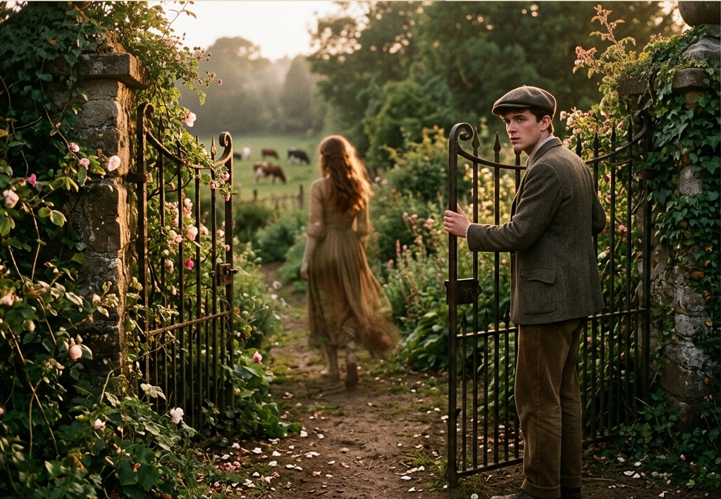 A man in a vintage tweed suit and flat cap stands at an open iron garden gate, looking back over his shoulder, while a mysterious, ethereal woman with long hair walks away from him into a lush, misty meadow where cattle graze in the distance.