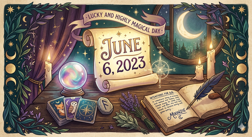 A magical, illustrated desk scene with a scroll reading "June 6, 2023," a crystal ball, tarot cards, candles, herbs, and an open journal signed by Moonzie, set against a backdrop of a moonlit forest window.