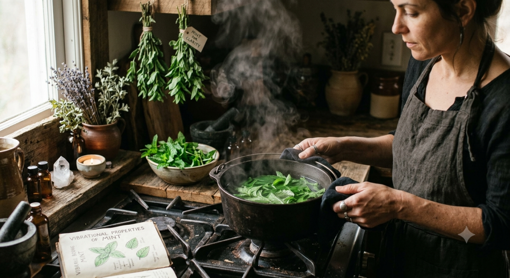 A woman wearing a dark apron in a rustic kitchen, carefully tending to a cast-iron pot of simmering mint on the stove, surrounded by drying herbs and an open book on the vibrational properties of mint.