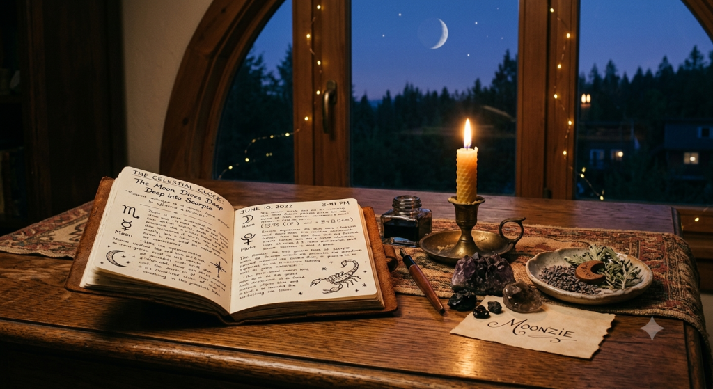 An open journal on a wooden desk featuring handwritten notes about the Moon entering Scorpio on June 10, 2022, accompanied by an ink pen, crystals, a burning candle, and a small dish of herbs, all set against a nighttime window view.