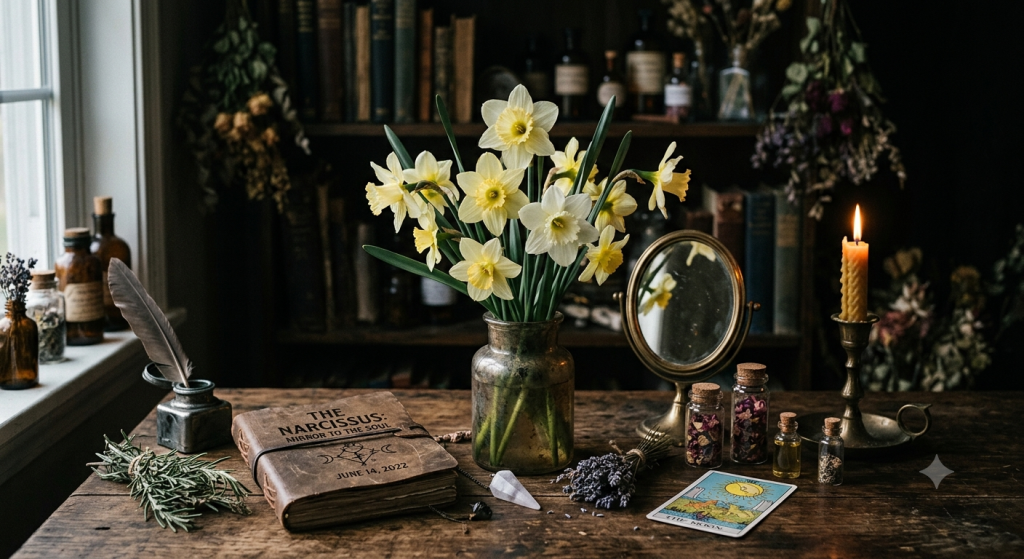 A dimly lit, atmospheric workspace featuring a vase of fresh Narcissus flowers, a leather-bound journal with the text "The Narcissus: Mirror to the Soul" and "June 14, 2022," a small mirror, a burning candle, and a tarot card on a dark wooden table.