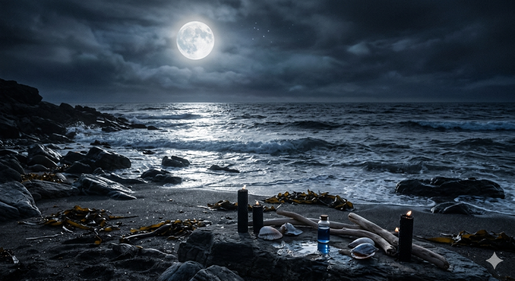 A mystical, moonlit beach at night with a small altar on a rock featuring black candles, seashells, driftwood, and a small glass bottle of blue liquid, with a full moon illuminating the ocean waves.
