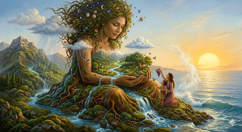 A detailed fantasy painting of a giant, benevolent earth goddess integrated into a lush landscape. Her hair is woven with roots, flowers, and celestial bodies. A river flows from her hands, which cradle a mini-ecosystem, toward a mother and child on a rocky shore next to a vast ocean at sunrise.