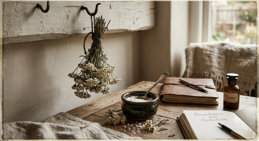 A rustic wooden table featuring a bundle of dried white yarrow flowers hanging on a hook, a small bowl of white sea salt, an open journal with the handwritten text "Boundaries and Protection," and a vintage apothecary bottle labeled "Yarrow."