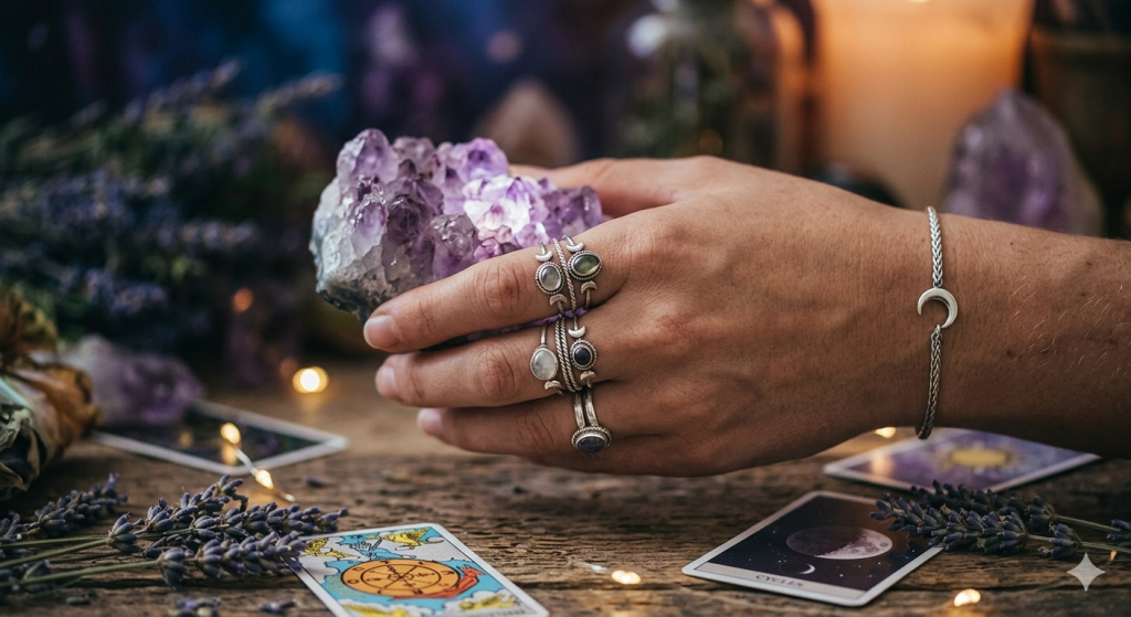 A close-up, mystical photograph of a hand adorned with moon-themed rings and a bracelet, holding a large raw amethyst crystal over a rustic wooden table scattered with lavender, tarot cards, and soft fairy lights.