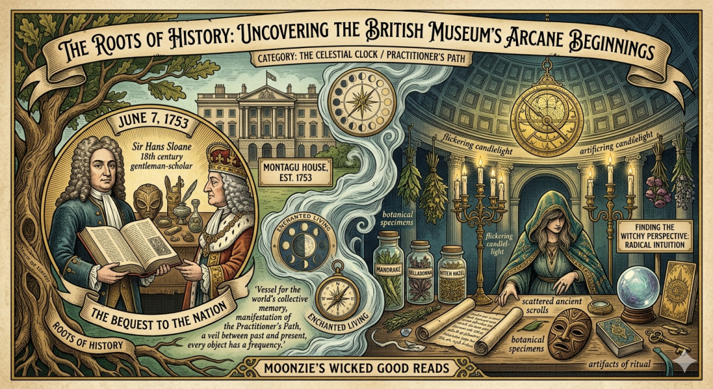 A vintage-style, atmospheric, and highly detailed illustration split into two main sections. On the left, an 18th-century scene shows Sir Hans Sloane presenting his massive open book and a collection of artifacts to King George II under the banner "The Bequest to the Nation," set against a backdrop of Montagu House and a large tree with deep roots. On the right, a mystical, candlelit chamber under a grand domed rotunda features an alchemist or witchy figure studying ancient scrolls, surrounded by labeled jars of botanical specimens (Mandrake, Belladonna, Witch Hazel), ritual artifacts, a crystal ball, and celestial/moon phase symbols.