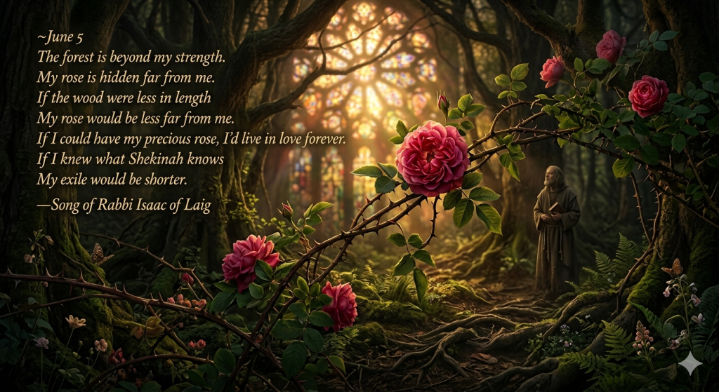 A contemplative scene in a dense, mossy forest featuring a robed figure standing on a path, looking toward a radiant, glowing rose-window shaped light in the distance; in the foreground, a thorny branch with blooming pink roses stretches across the view, accompanied by the text of a poem by Rabbi Isaac of Laig.