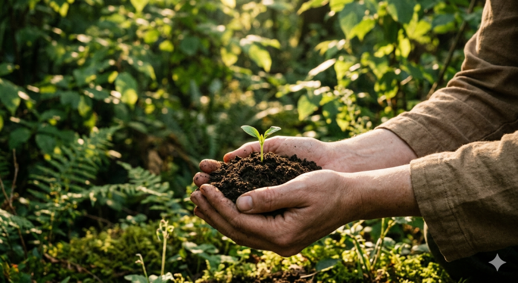 Close-up photograph of a practitioner's hands cupping rich, dark soil from which a tiny green sprout emerges. Golden hour sunlight filters through a lush, green forest background, illuminating the scene with a soft, warm glow.
