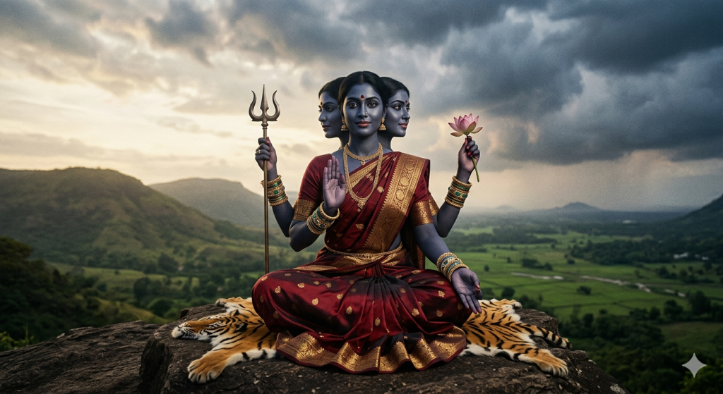 A serene yet powerful depiction of the goddess Durga with dark skin, four arms, and three visible faces, seated in a meditative pose on a tiger skin atop a rocky cliff. She wears an elegant, deep red and gold sari and ornate jewelry. One hand holds a trident, another a lotus, while her other hands are in mudras. The background features a dramatic sky with both dawn-like light and heavy, dark thunderclouds overlooking a lush green valley.