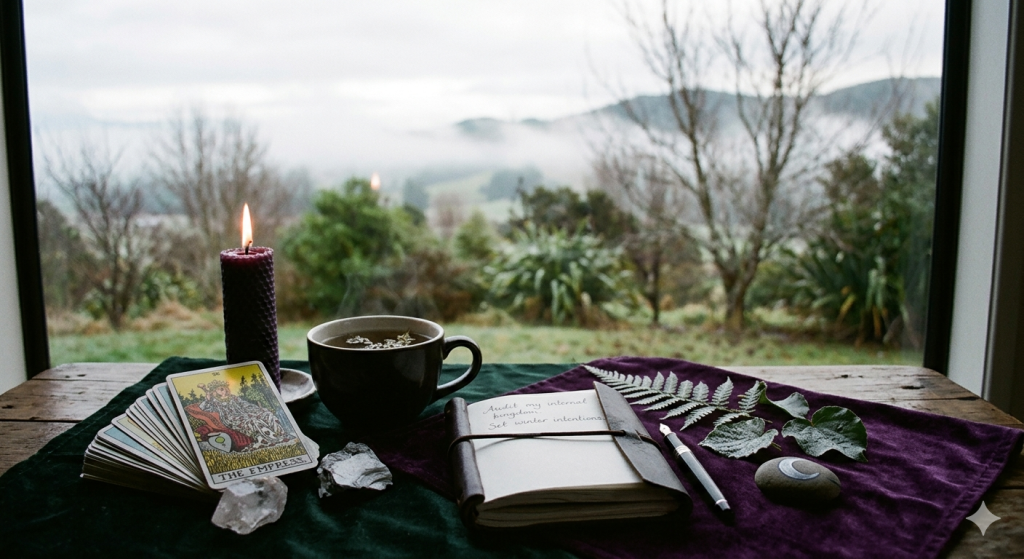 A cozy, witchy altar setup on a rustic wooden table facing a large window. On the table, a purple candle burns next to a steaming mug of tea, an open leather-bound journal with a fountain pen, a Tarot deck featuring 'The Empress' card, crystals, and native New Zealand green ferns laid over a purple velvet cloth. Outside the window, a misty, atmospheric winter landscape of Aotearoa (New Zealand) unfolds with rolling hills and bare trees.
