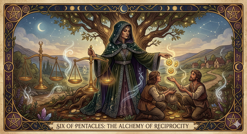 An ornate, artistic illustration of the Six of Pentacles tarot card in a warm, mystical, witchy aesthetic. A central figure in a hooded, celestial-patterned green and purple robe stands before a massive, ancient tree, balancing golden scales in one hand while floating glowing golden pentacle coins into the open hands of two kneeling figures. The scene is framed by an intricate border detailed with astrological symbols, moon phases, and pentacles, set against a twilight landscape with a crescent moon and a distant village.