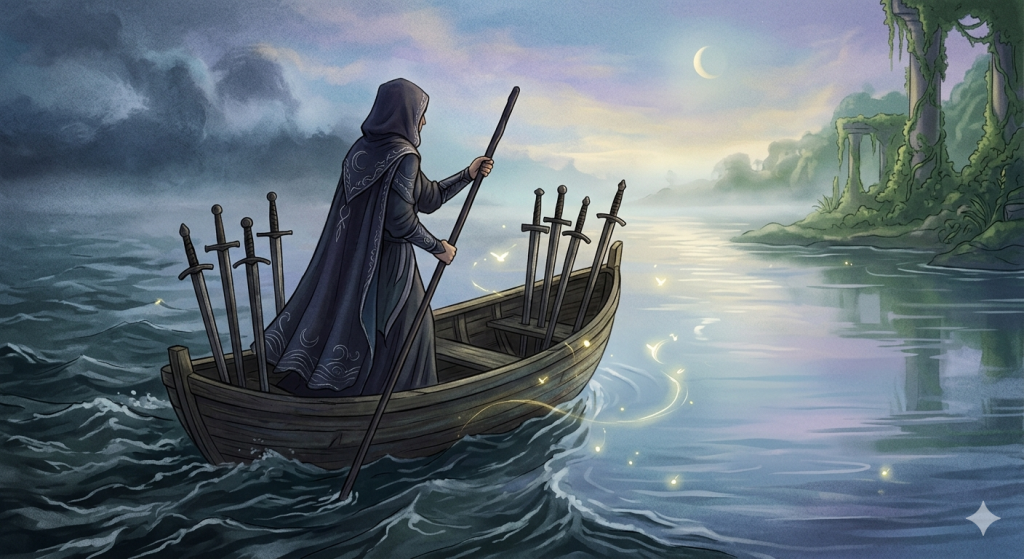 A mystical illustration of the Six of Swords tarot card. A figure in a dark, hooded cloak embroidered with crescent moons stands in a wooden boat, using a long pole to steer. Six swords are upright in the boat—three at the bow and three at the stern. The boat moves from dark, turbulent, choppy waves on the left toward calm, still, misty waters on the right. A crescent moon shines in a soft pastel twilight sky over distant, vine-covered ruins, with glowing embers or fireflies floating near the water's surface.