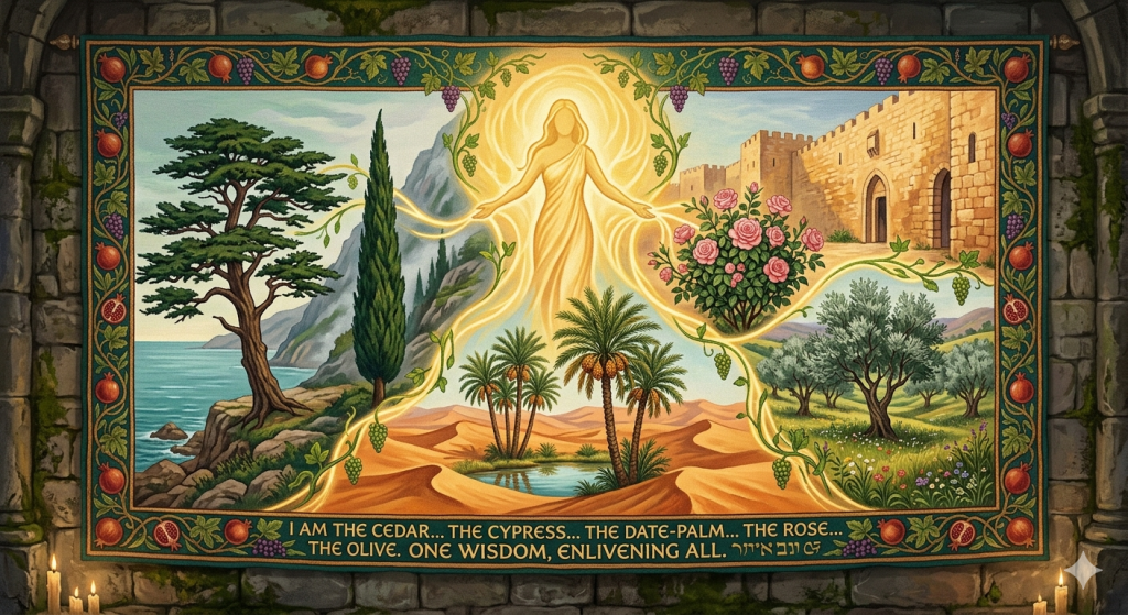 A detailed woven tapestry hanging on a stone wall, illustrating a central glowing female figure of Wisdom connected by golden, leafy vines to five distinct landscapes featuring a coastal cedar, a mountain cypress, desert date-palms, a rose bush by city walls, and a valley olive grove.