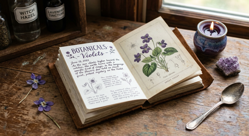 An open vintage journal on a rustic wooden table featuring a botanical illustration of sweet violets on one page and handwritten text about the magical properties of violets on the other. Beside the book are a purple candle, a vintage spoon, and two pressed violet flowers.