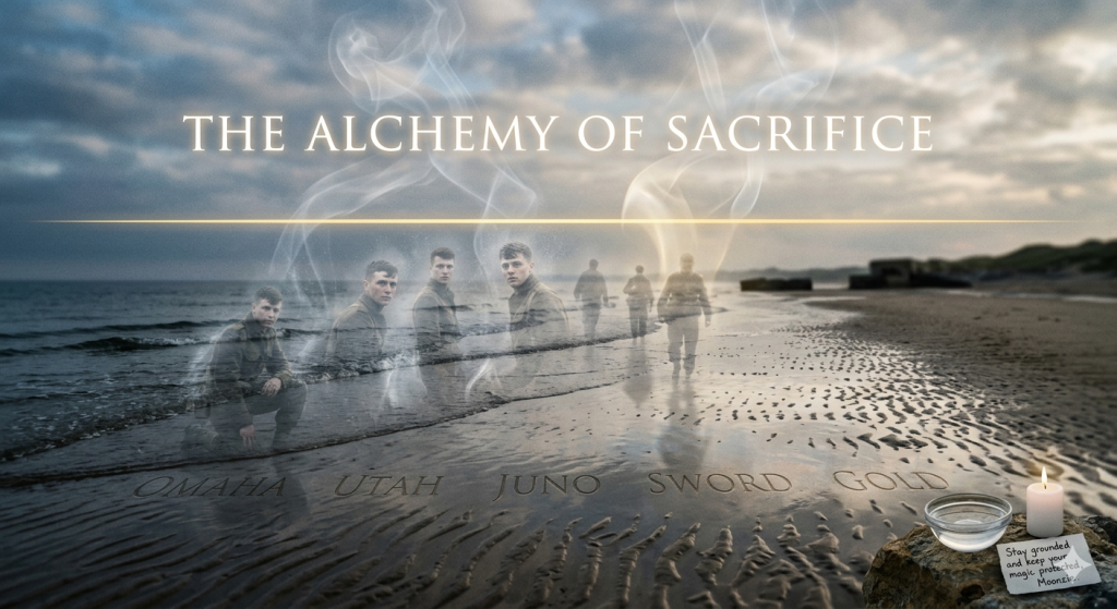 A somber, atmospheric photograph of a Normandy beach under an overcast sky. Translucent, ghostly figures of WWII soldiers emerge like smoke from the incoming tide. The names "Omaha," "Utah," "Juno," "Sword," and "Gold" are subtly etched into the wet ripples of the sand. In the bottom-right corner, a lit white candle and a small glass bowl of water rest on a rock next to a handwritten note that reads, "Stay grounded and keep your magic protected, Moonzie." The text "THE ALCHEMY OF SACRIFICE" is written in a clean, elegant serif font across the top.