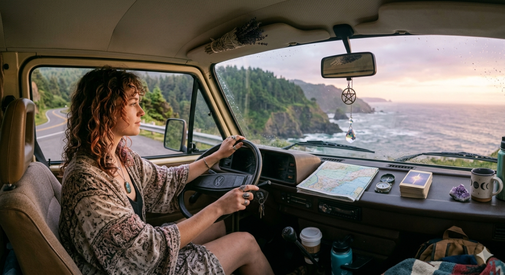 A woman with curly hair driving a vintage van along a scenic coastal road at sunset, with a pentacle charm hanging from the rearview mirror, tarot cards, and a crystal on the dashboard.