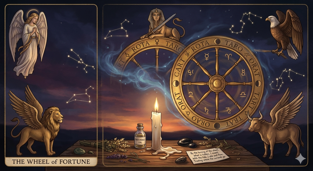 A witchy tarot landscape featuring a golden Wheel of Fortune floating in a sunset sky, surrounded by an angel, eagle, winged lion, and winged bull. In the foreground, a ritual altar holds a burning white candle, patchouli oil, crystals, and a handwritten incantation.