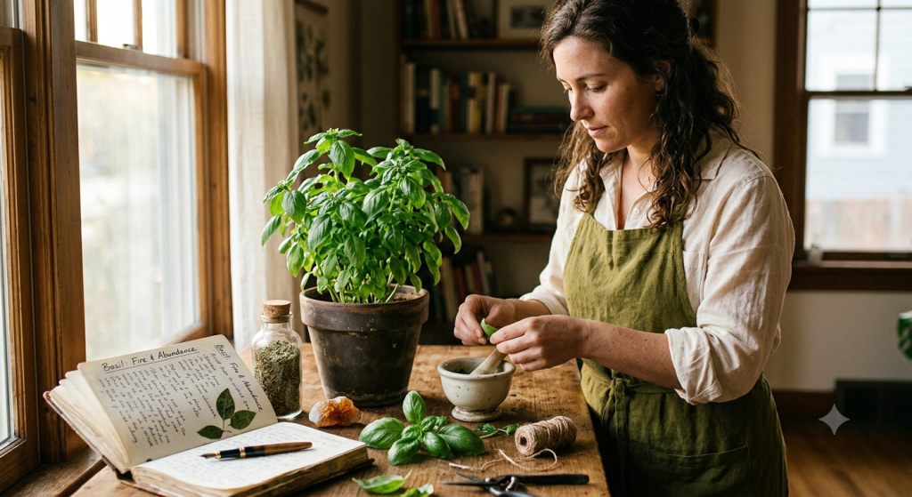 A woman wearing a green apron stands at a wooden table near a bright window, carefully preparing fresh basil leaves in a stone mortar and pestle. Beside her are a potted basil plant, a glass jar of dried herbs, a small crystal, and an open, handwritten journal titled "Basil: Fire & Abundance."
