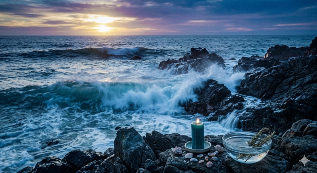 A mystical, dark blue aesthetic image of ocean waves crashing against jagged rocks at sunset, symbolizing the powerful and healing nature of the water element.