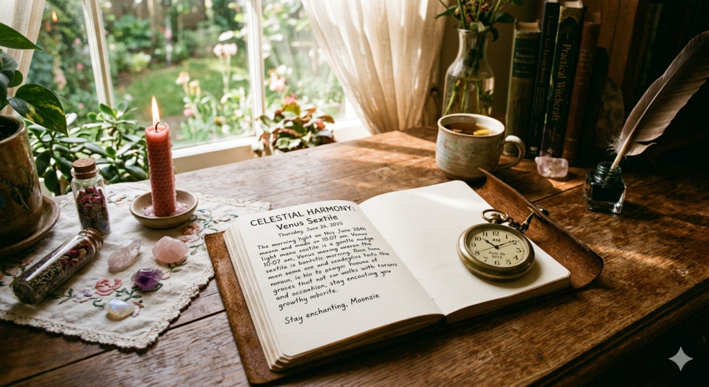 A wooden desk bathed in warm, morning sunlight by a window, featuring an open leather-bound journal, a lit pink honeycomb candle, scattered crystals, a small cup of tea, and a quill pen, capturing a cozy, witchy atmosphere.