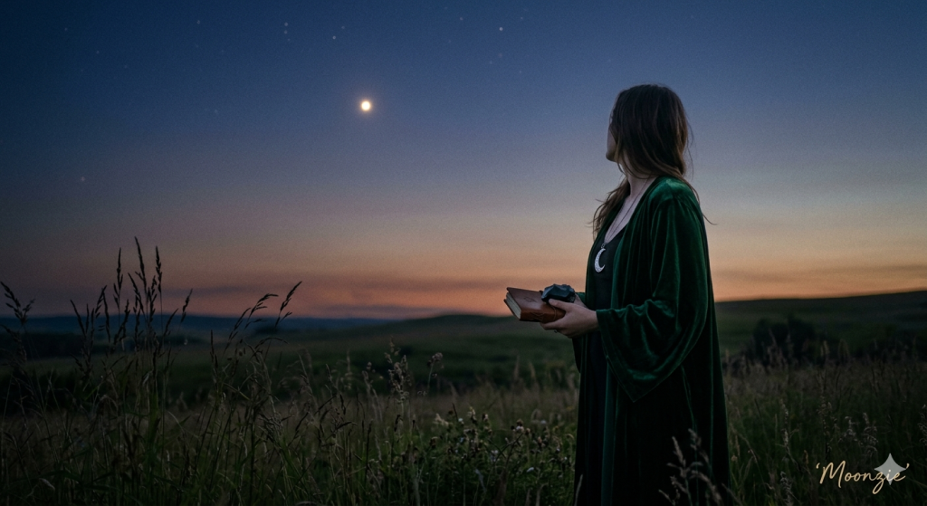 A woman in a dark green velvet robe stands in a field at twilight, holding a small book and a crystal while gazing up at a bright planet in the western sky.