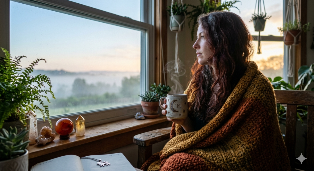 A woman wrapped in a warm, textured blanket sits by a large window at dawn, holding a steaming ceramic mug with a crescent moon design. On the wooden windowsill, glowing carnelian and citrine crystals sit next to lush green potted ferns and succulents, overlooking a misty, sunlit morning landscape.