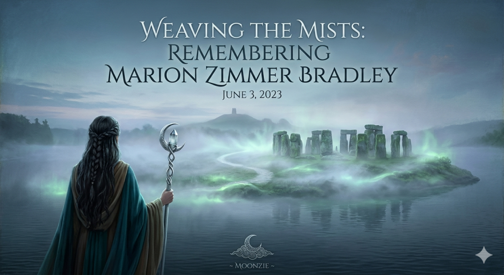 A ethereal digital illustration featuring a woman in a cloak holding a staff topped with a crescent moon and crystal, looking out over a misty lake toward a mystical island of standing stones, titled "Weaving the Mists: Remembering Marion Zimmer Bradley, June 3, 2023" with "Moonzie" signature at the bottom.